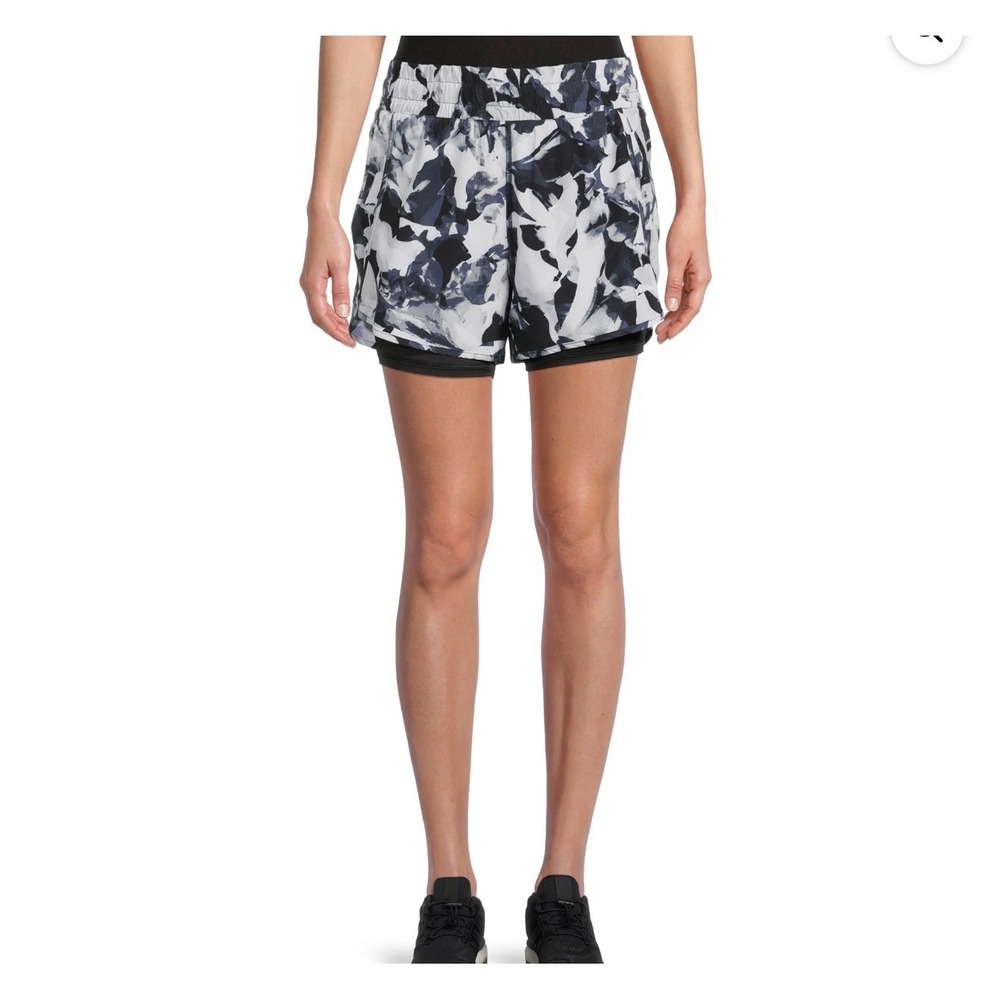 Avia Womens Black White Abstract Floral 2-in-1 Running Shorts Size L 12-14 4"